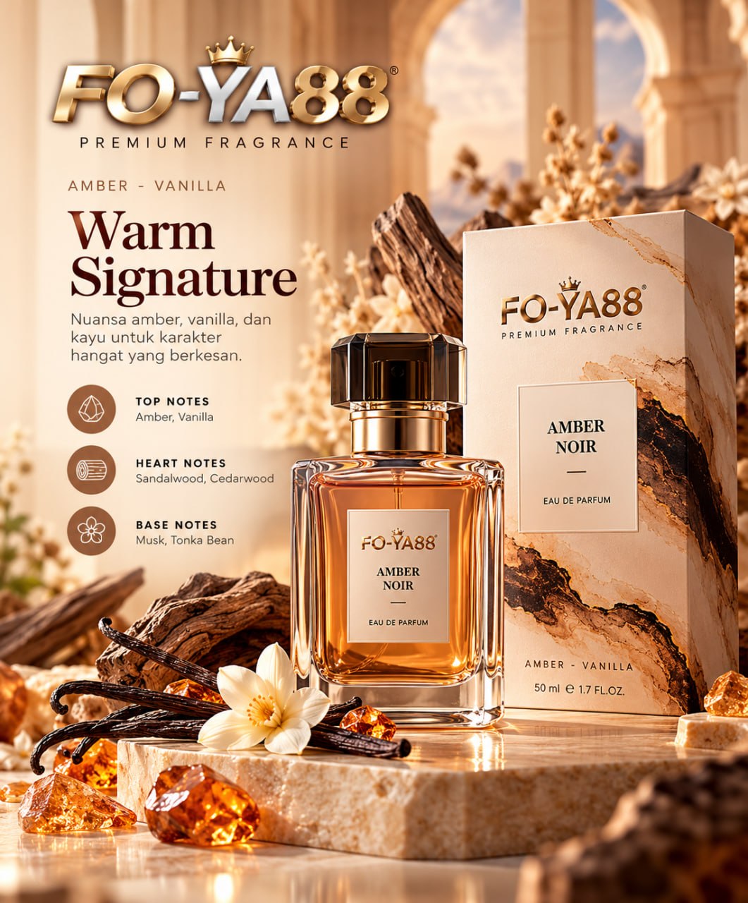FO-YA88 parfum woody dengan botol dan kemasan premium